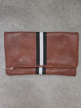 Funky Monkey Preppy Stripe Faux Leather Foldover Clutch - Brown